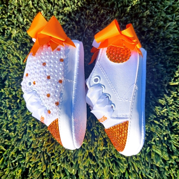 Orange Princess Embellished Baby Shoes with bow: OTHER COLORS AVAIL. BY REQUEST - Picture 5 of 6